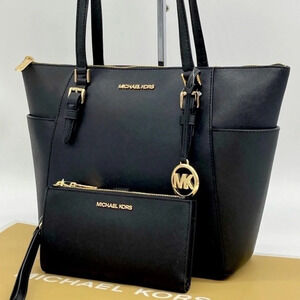 Michael Kors Large TZ Tote & Double Zip Wallet Black/Gold